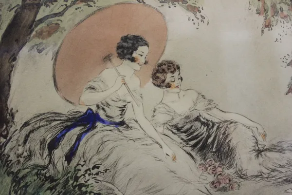 Ink And Watercolor Drawing Young Girls Playing Cards Around 1900