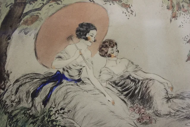 Dessin à l'Encre Et Aquarelle Jeunes Filles Jouant Au Cartes Vers 1900