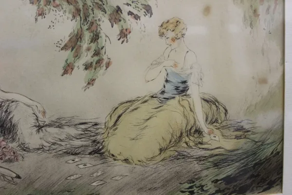 Ink And Watercolor Drawing Young Girls Playing Cards Around 1900