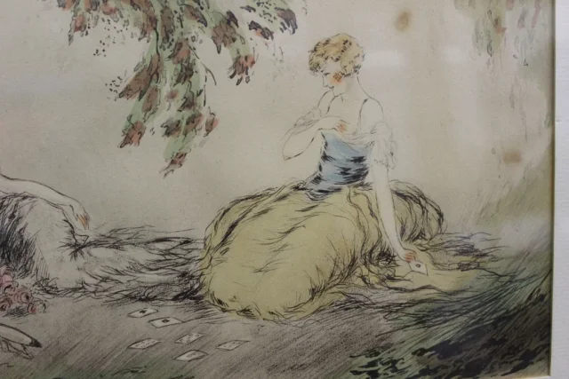 Dessin à l'Encre Et Aquarelle Jeunes Filles Jouant Au Cartes Vers 1900