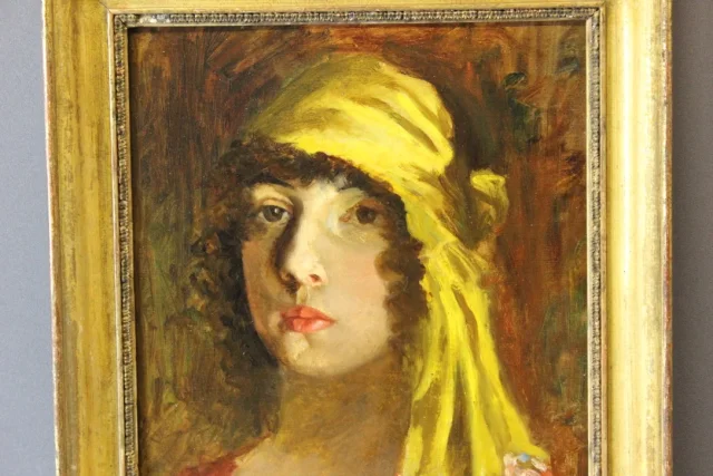 Huile sur carton Gitane au foulard jaune début XX