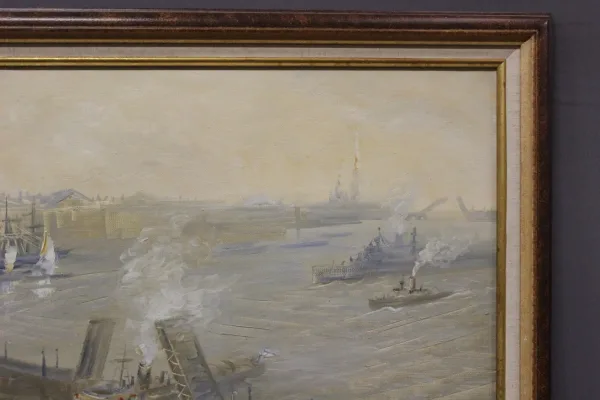 Huile Sur Toile Scène De Marine  l'Entrée Au Port XX