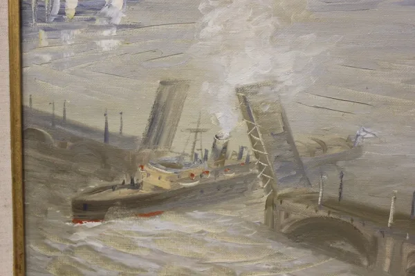 Huile Sur Toile Scène De Marine  l'Entrée Au Port XX