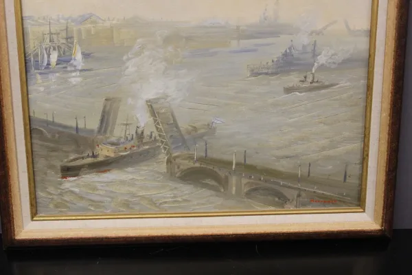 Huile Sur Toile Scène De Marine  l'Entrée Au Port XX