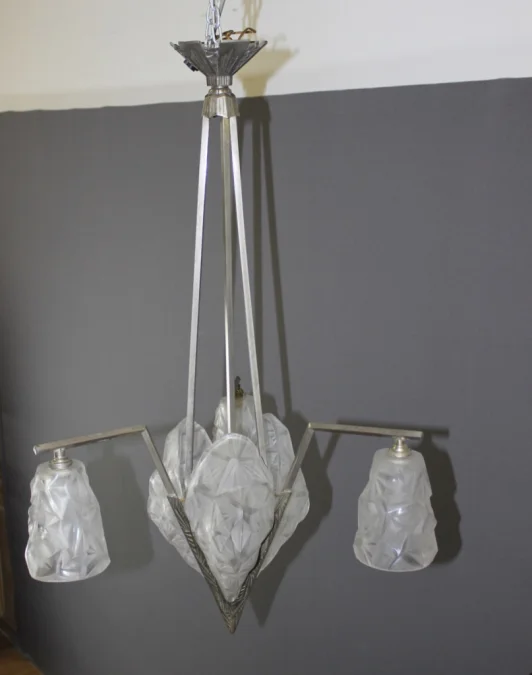Lustre à plaques d'époque Art Déco signé Degué