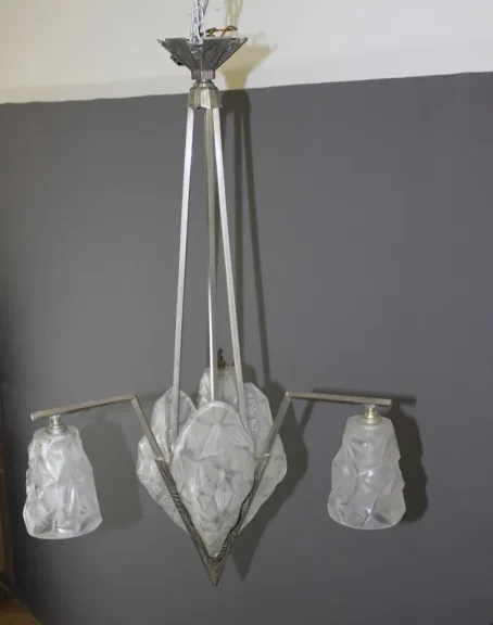 Lustre à plaques d'époque Art Déco signé Degué