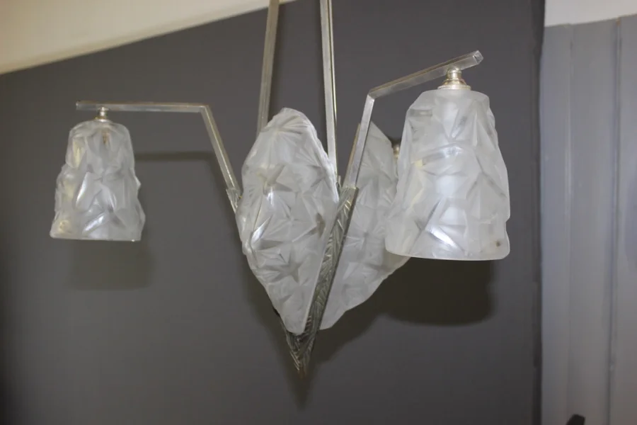 Lustre à plaques d'époque Art Déco signé Degué
