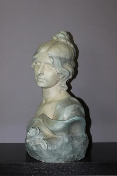 Buste De Jeune Femme En Céramique à Patine Bleu Vert Signé Bernstamm édition Emile Muller