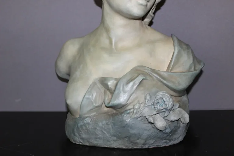 Buste De Jeune Femme En Céramique à Patine Bleu Vert Signé Bernstamm édition Emile Muller