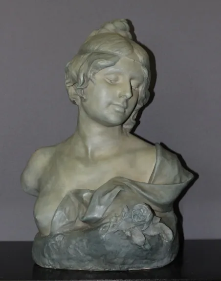 Buste De Jeune Femme En Céramique à Patine Bleu Vert Signé Bernstamm édition Emile Muller