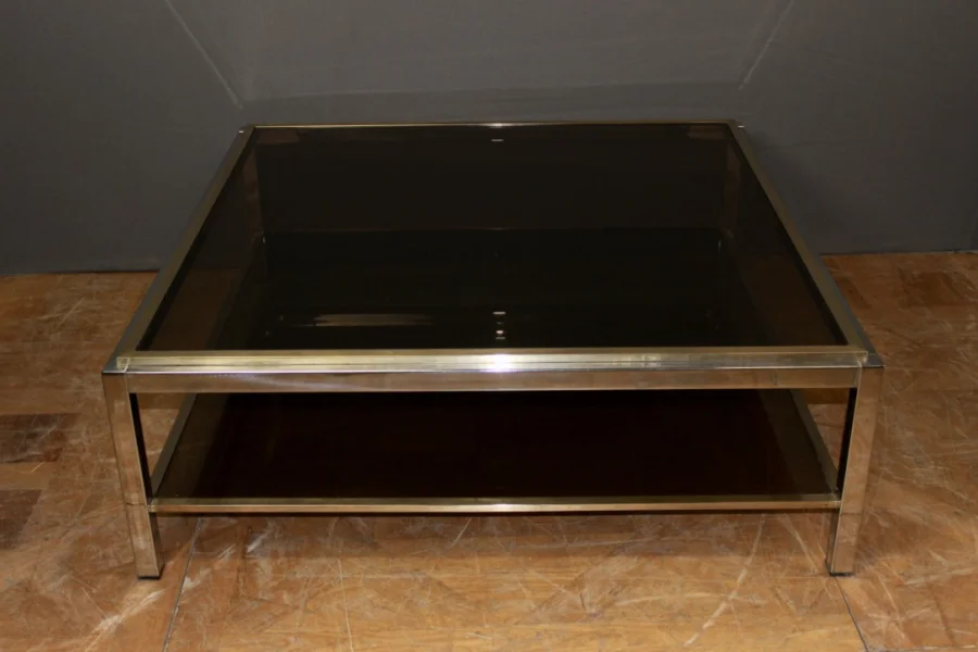 Table basse carré en chrome et laiton vers 1970