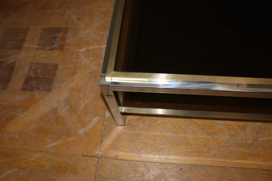 Table basse carré en chrome et laiton vers 1970