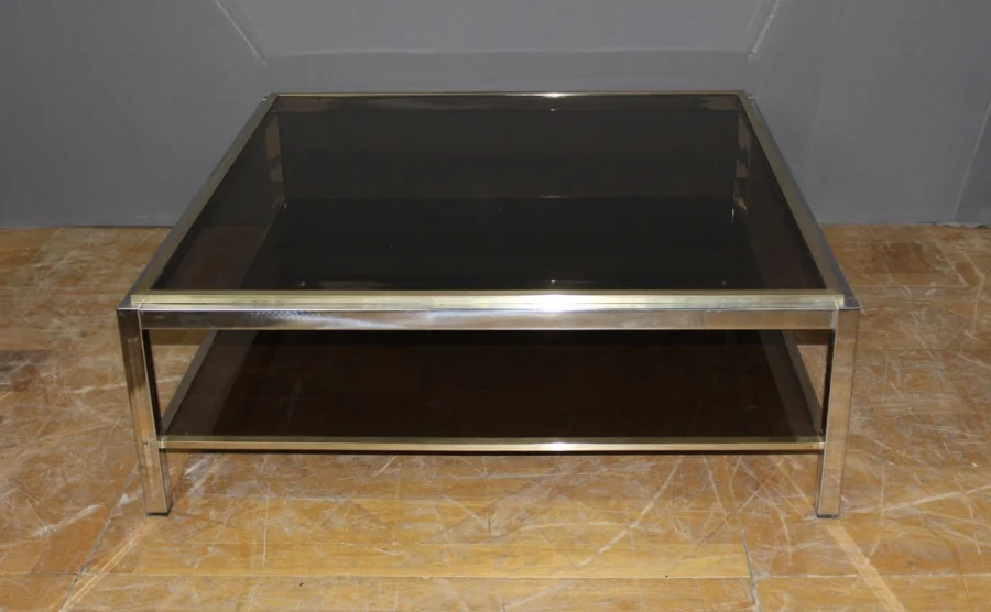 Table basse carré en chrome et laiton vers 1970