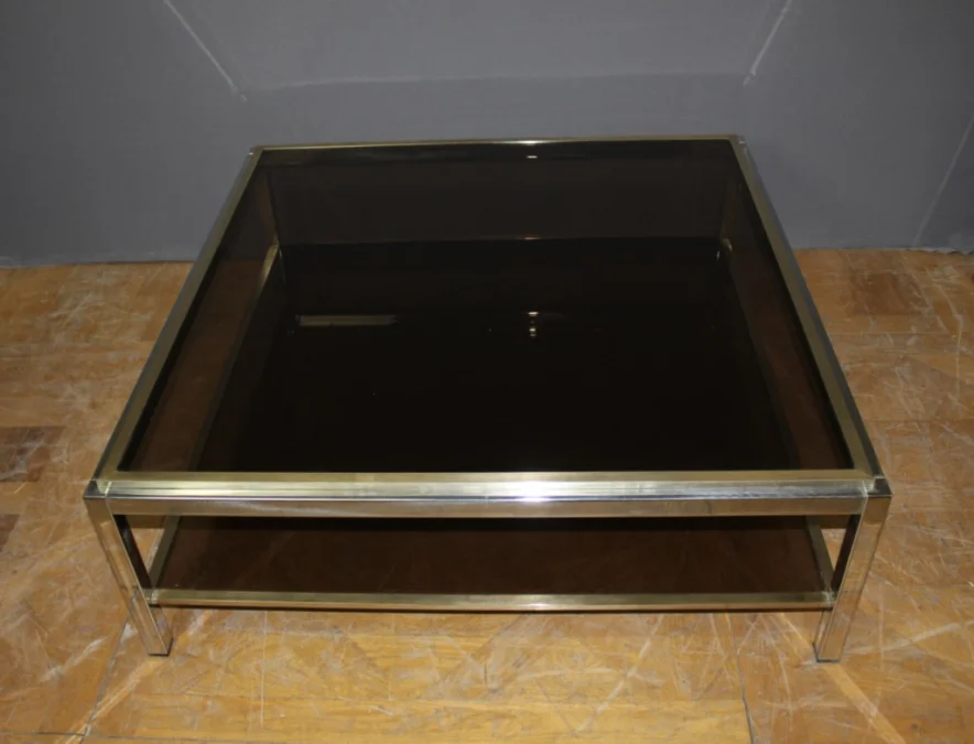 Table basse carré en chrome et laiton vers 1970