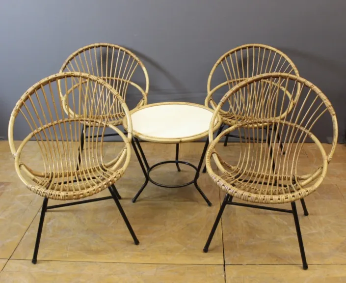 Salon En Rotin Et Fer Laqué Noir Par Rohe Noordwole Vers 1950