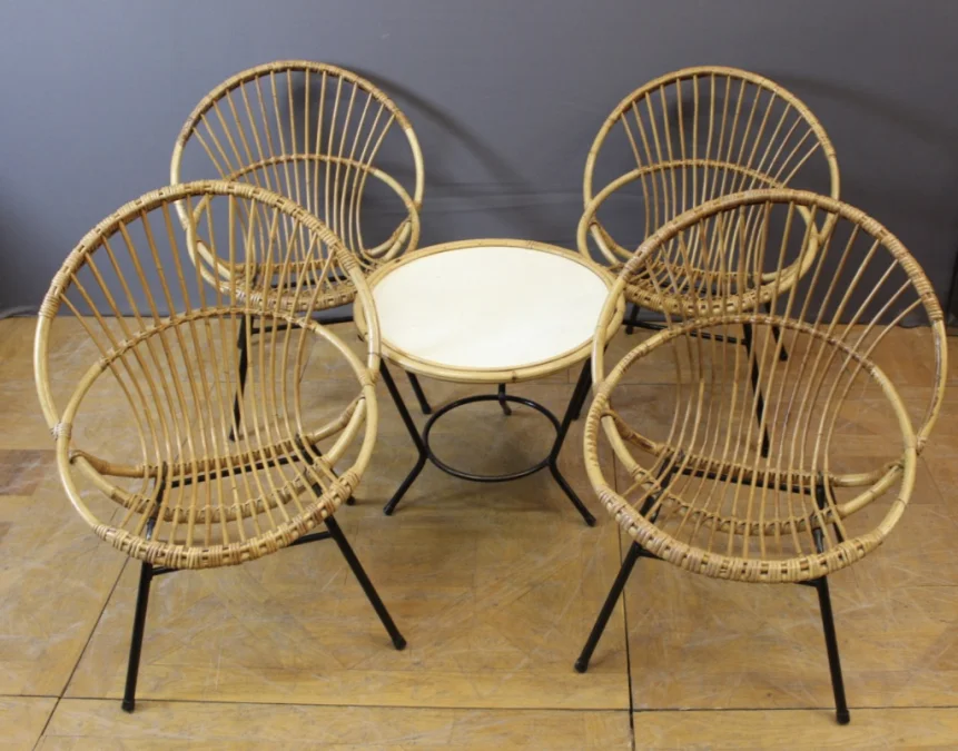 RATTAN TABLE AND CHAIRS