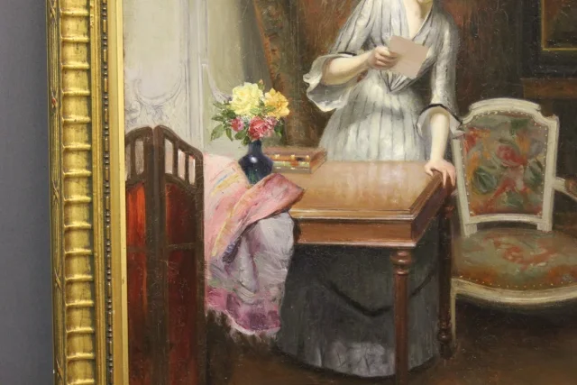 Huile sur toile représentant " la femme à la lettre" par Alfred Martin datée 1904