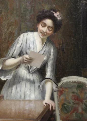 Huile sur toile représentant " la femme à la lettre" par Alfred Martin datée 1904