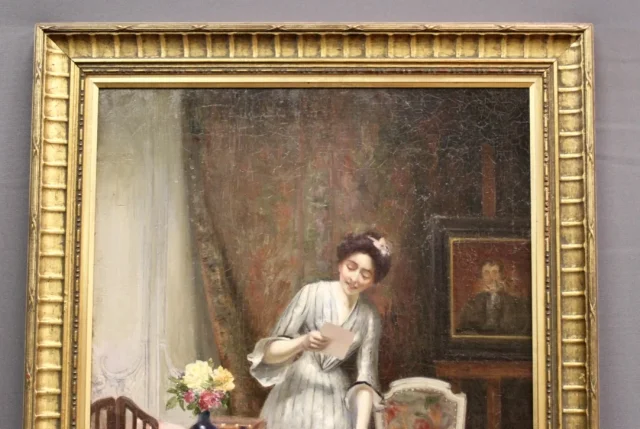 Huile sur toile représentant " la femme à la lettre" par Alfred Martin datée 1904