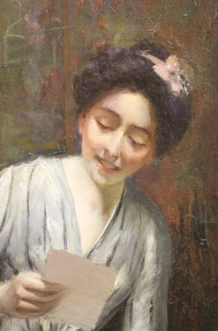 Huile sur toile représentant " la femme à la lettre" par Alfred Martin datée 1904