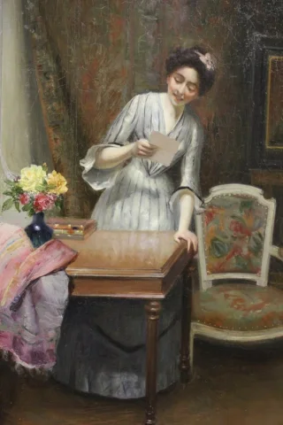 Huile sur toile représentant " la femme à la lettre" par Alfred Martin datée 1904