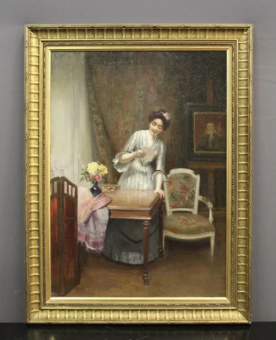 Huile sur toile représentant " la femme à la lettre" par Alfred Martin datée 1904