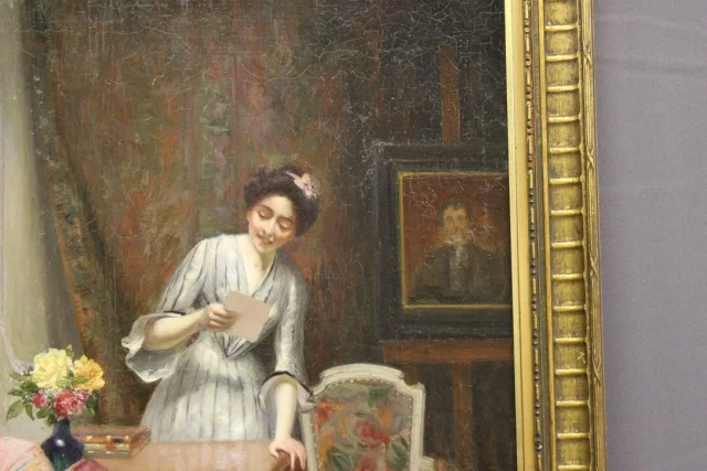 Huile sur toile représentant " la femme à la lettre" par Alfred Martin datée 1904