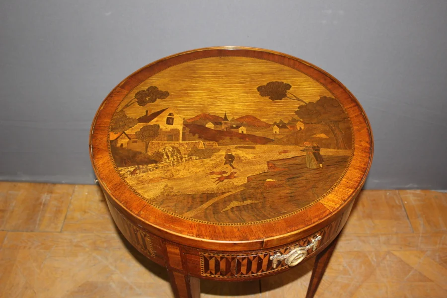 Table Bouillotte De Style Louis XVI En Marqueterie Vers 1900