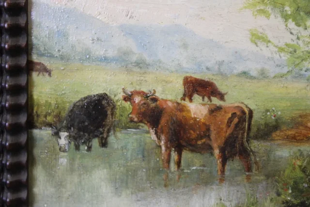 Huile Sur Carton , Les Vaches à La Rivière Vers 1900