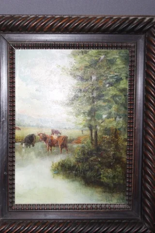Huile Sur Carton , Les Vaches à La Rivière Vers 1900