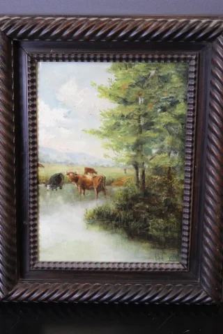 Huile Sur Carton , Les Vaches à La Rivière Vers 1900
