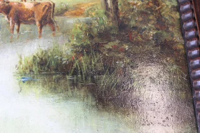 Huile Sur Carton , Les Vaches à La Rivière Vers 1900