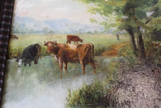Huile Sur Carton , Les Vaches à La Rivière Vers 1900