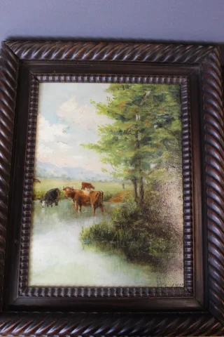 Huile Sur Carton , Les Vaches à La Rivière Vers 1900