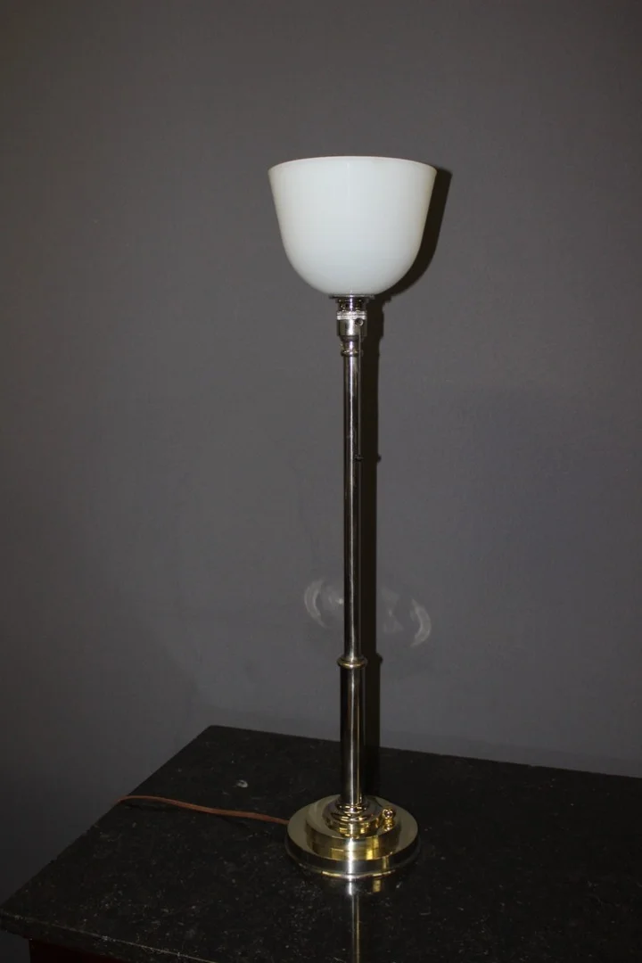 Grande Lampe Art Déco En Laiton Nickelé Et Opaline