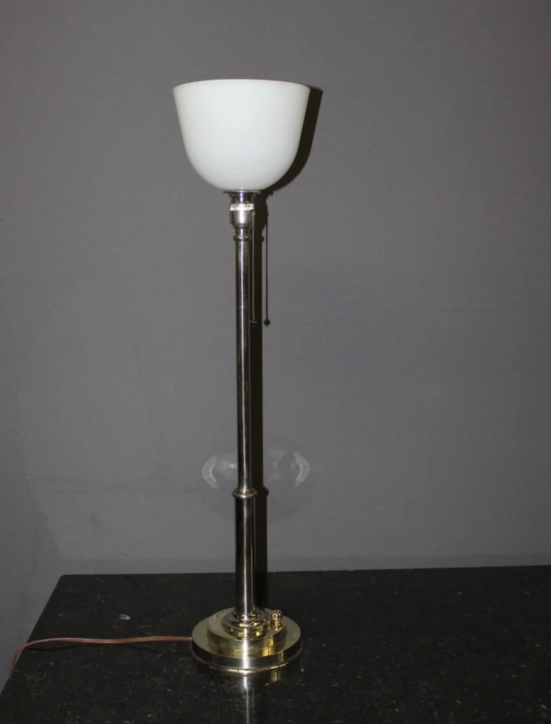 Grande Lampe Art Déco En Laiton Nickelé Et Opaline