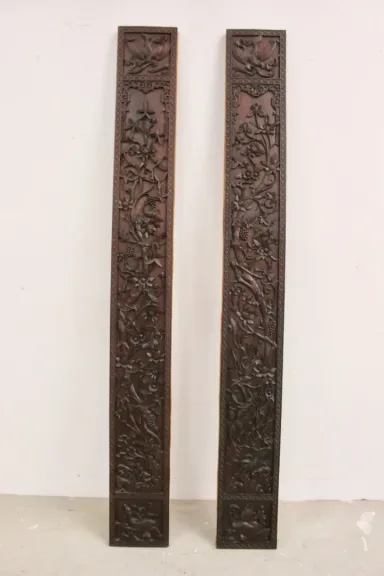 Paire De Colonnes En Bois Sculpté , Asie Fin XIX