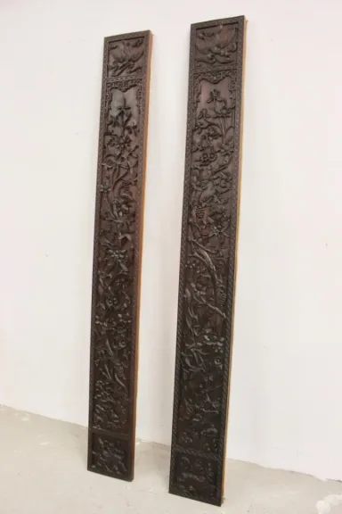 Paire De Colonnes En Bois Sculpté , Asie Fin XIX