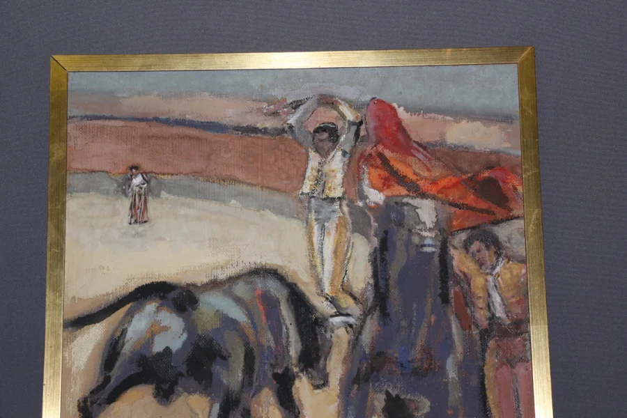 Pastel Sur Panneau Corrida Par Léon Perrin Vers 1950