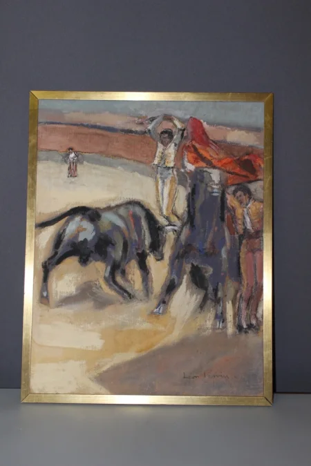 Pastel Sur Panneau Corrida Par Léon Perrin Vers 1950