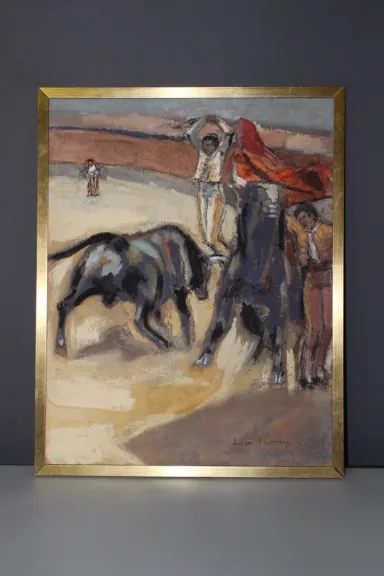 Pastel Sur Panneau Corrida Par Léon Perrin Vers 1950