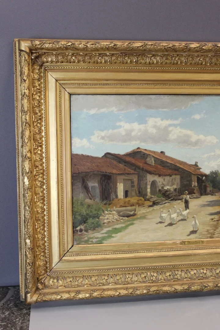 Huile sur toile par Boudier , Cour de Ferme dans les Vosges  XIX