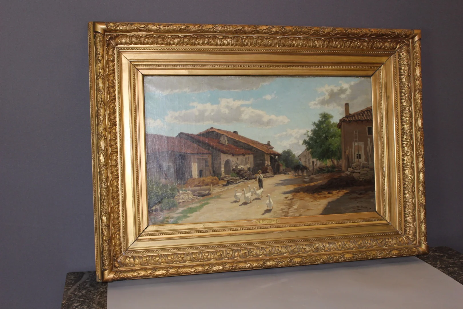 Huile sur toile par Boudier , Cour de Ferme dans les Vosges  XIX