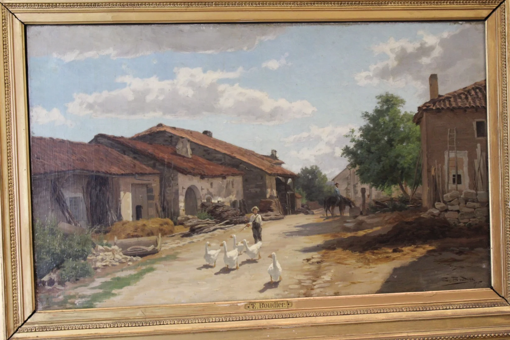 Huile sur toile par Boudier , Cour de Ferme dans les Vosges  XIX