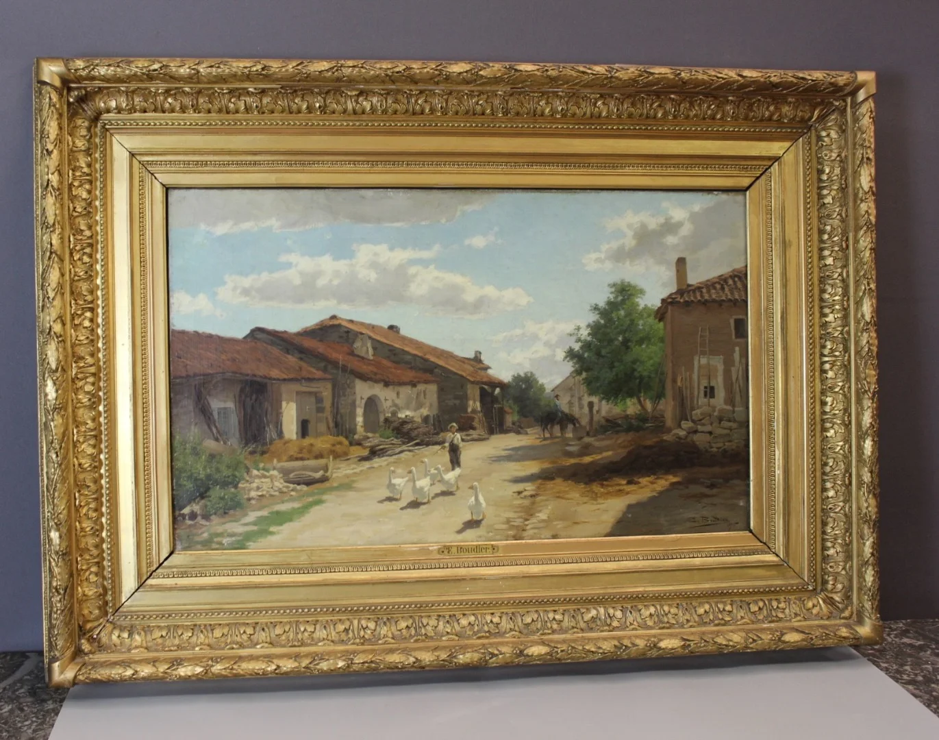 Huile sur toile par Boudier , Cour de Ferme dans les Vosges  XIX