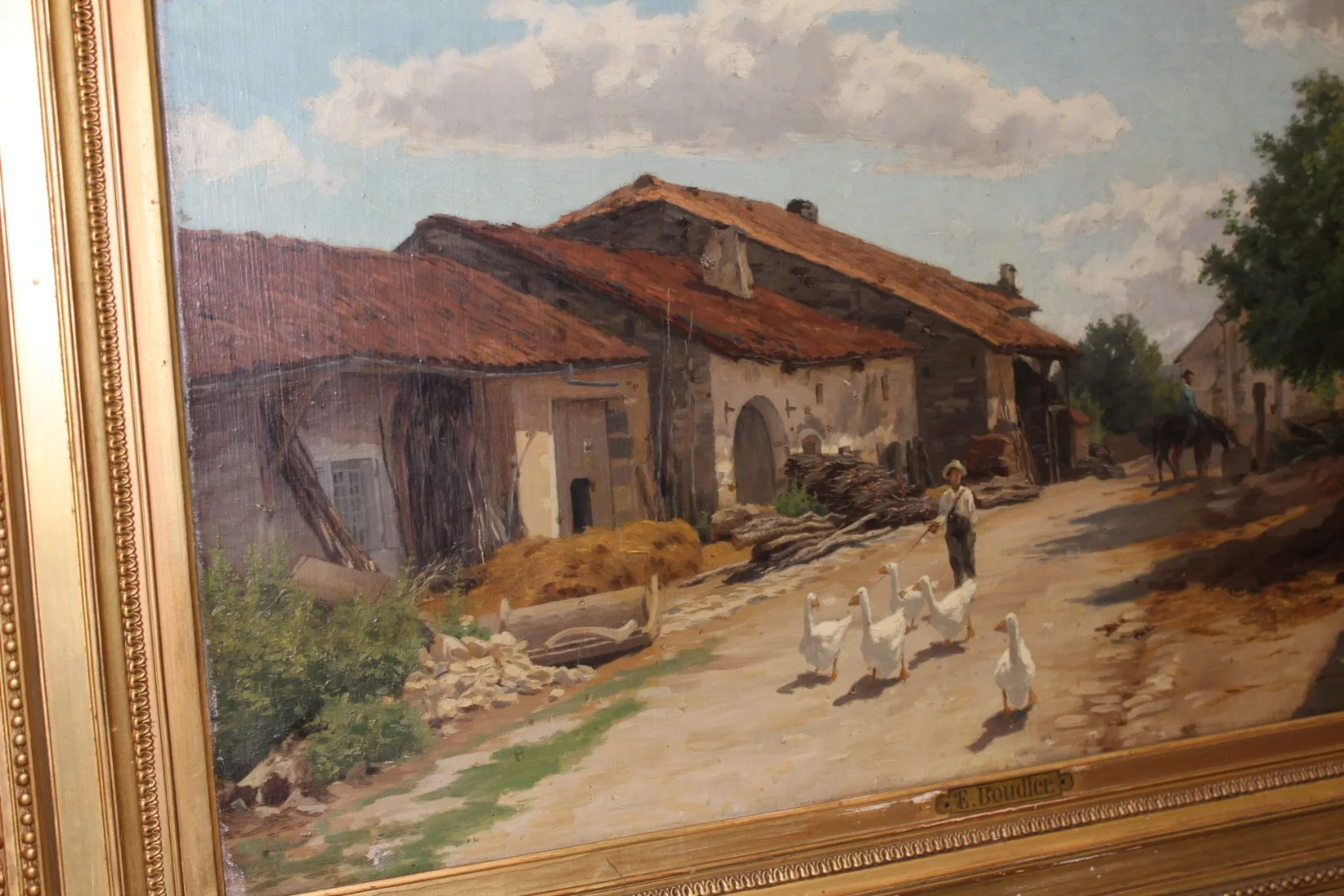 Huile sur toile par Boudier , Cour de Ferme dans les Vosges  XIX