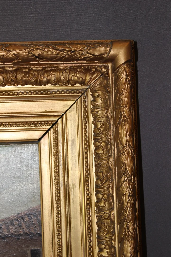 Huile sur toile par Boudier , Cour de Ferme dans les Vosges  XIX