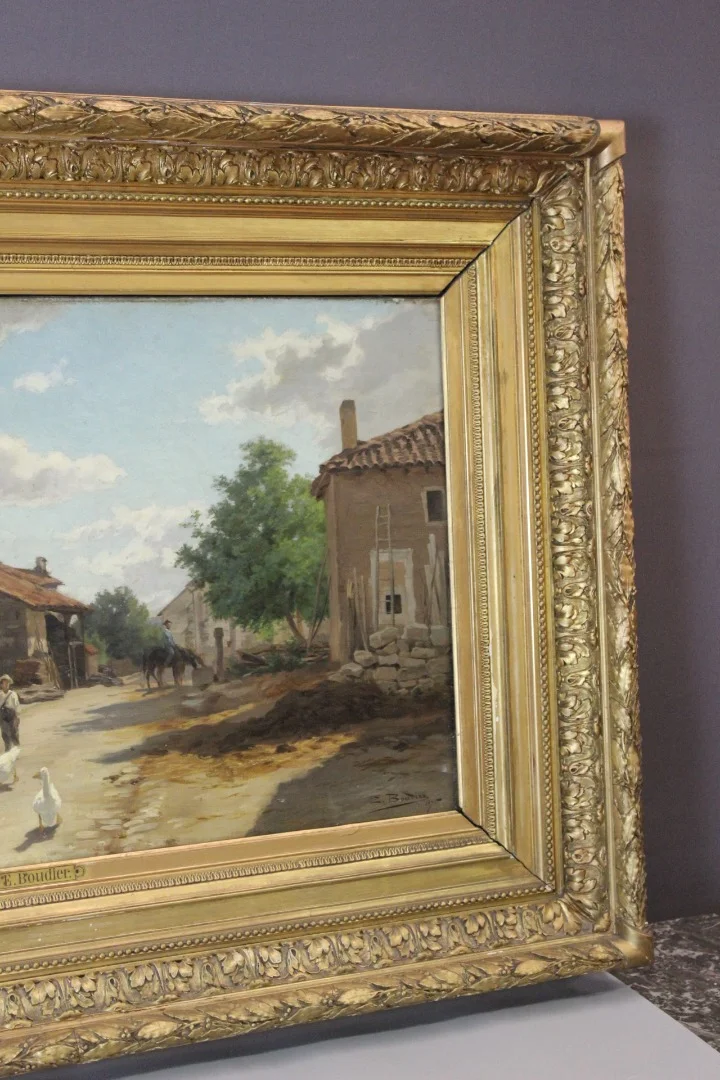 Huile sur toile par Boudier , Cour de Ferme dans les Vosges  XIX
