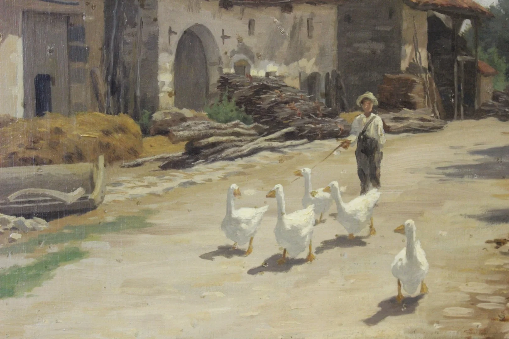 Huile sur toile par Boudier , Cour de Ferme dans les Vosges  XIX
