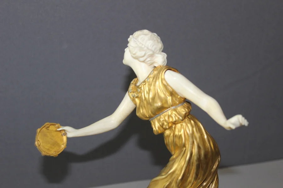 Chryselephantine Sculpture Of A Woman With A Tambourine By Affortunato Gori